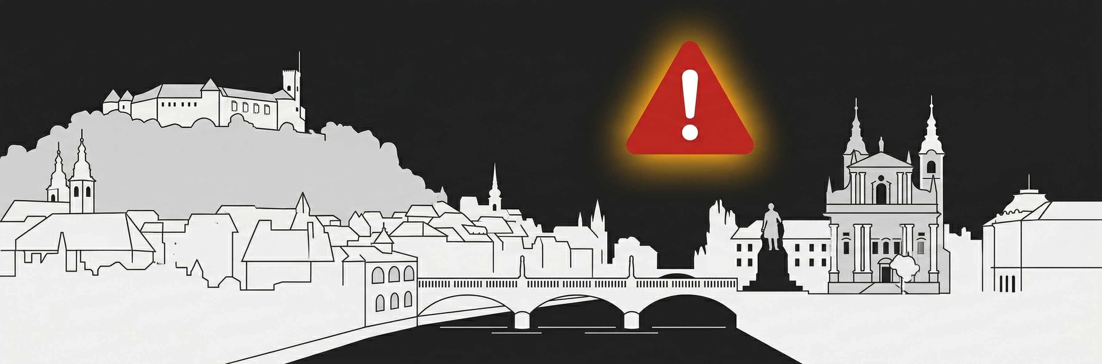 Ljubljana skyline with warning symbol — Avant2Go review